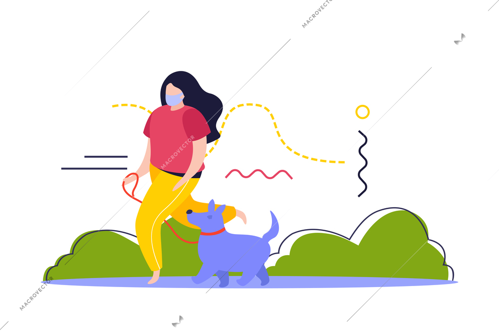 Hygiene protection flat composition with character of girl in mask walking dog vector illustration