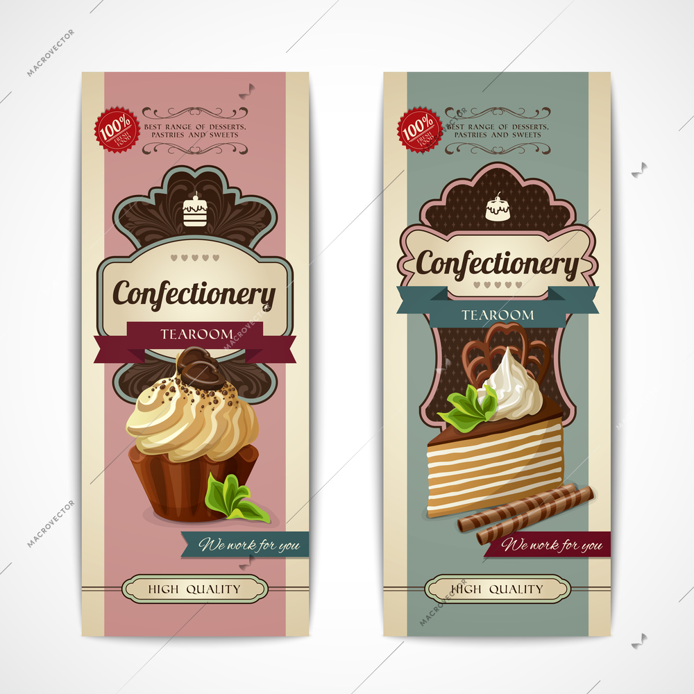 Decorative sweets vertical retro banners collection with layered cake and cupcake isolated vector illustration