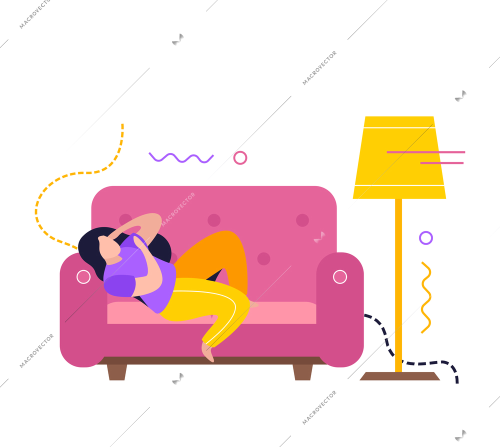 Low energy people composition with character of exhausted woman lying on sofa vector illustration