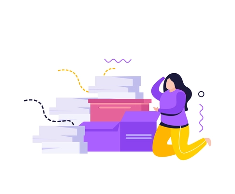 Low energy people composition with distracted woman near piles of paperwork vector illustration
