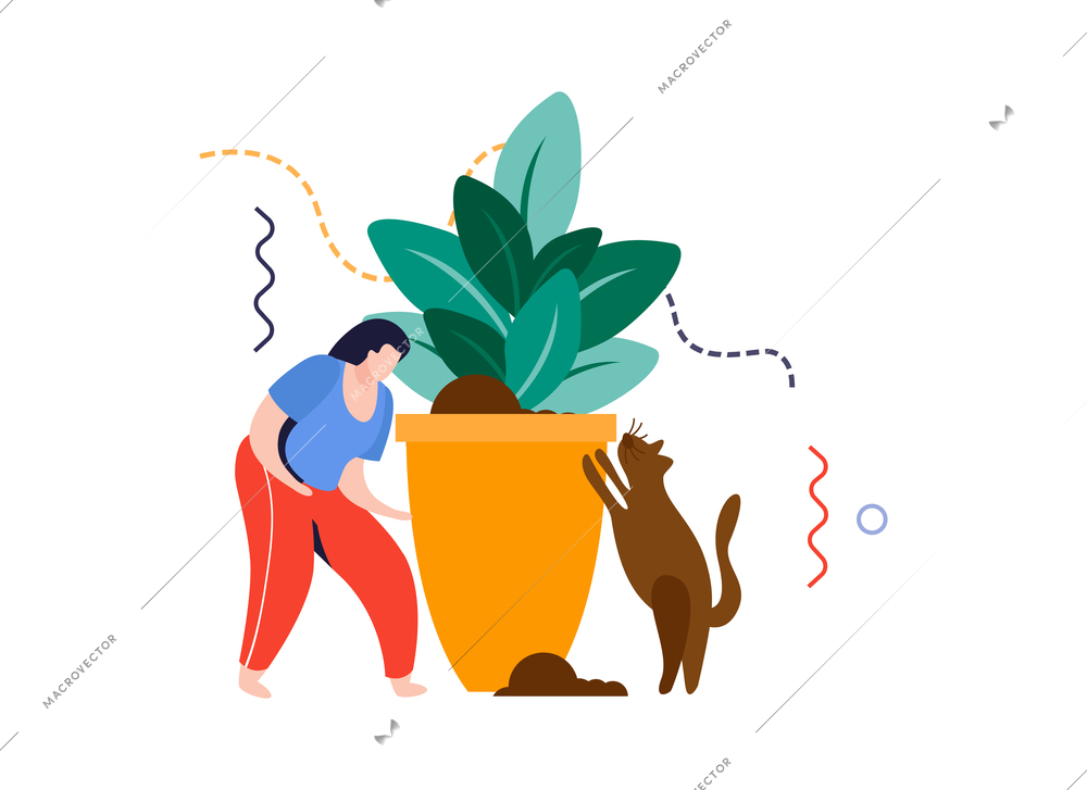 Home garden flat composition with character of woman and home plant with cat vector illustration