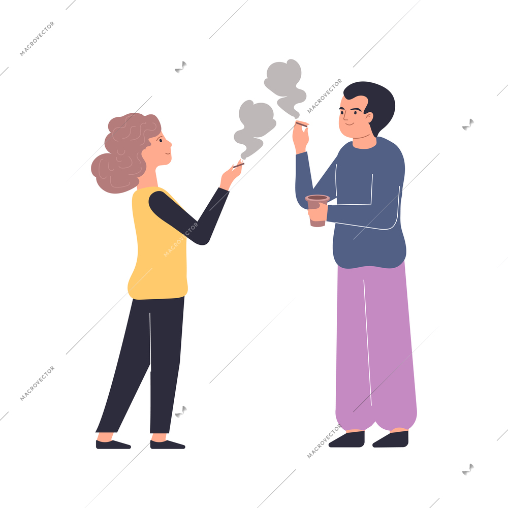 Addiction flat composition with male and female characters smoking cigarettes vector illustration