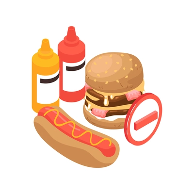 Isometric gastroenterology composition with images of burger hotdog and sauces with prohibition sign vector illustration