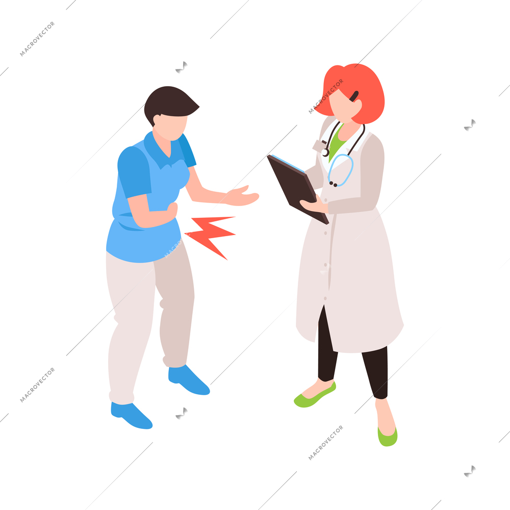 Isometric gastroenterology composition with characters of medical specialist and patient with bolts vector illustration