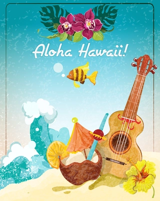 Hawaii guitar tropical beach vacation advertisement poster with coconut refreshment colada drink sketch color abstract vector illustration