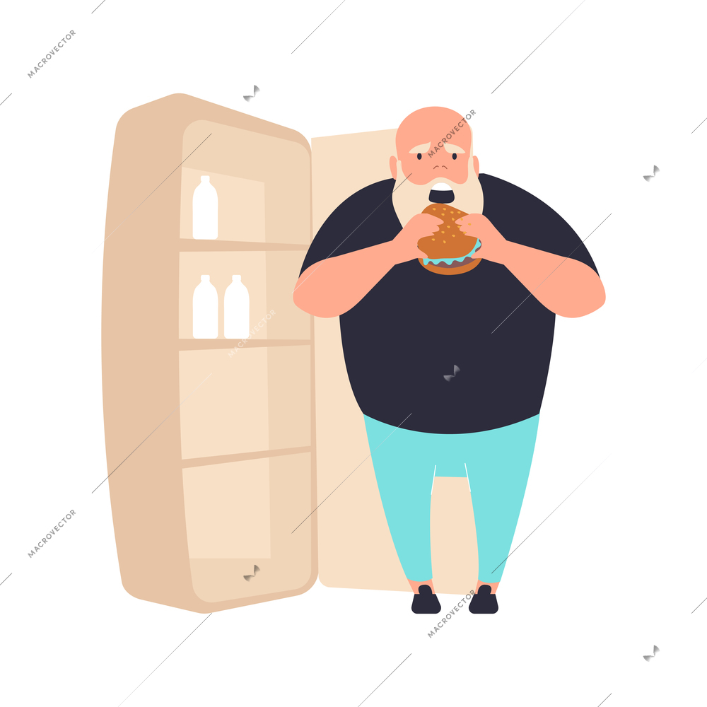 Addiction flat composition with character of fat man eating burger next to fridge vector illustration