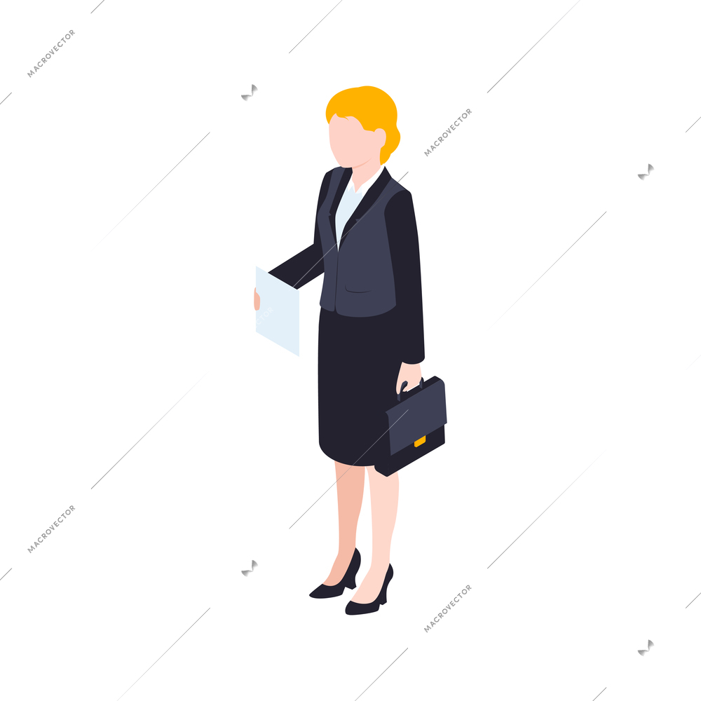 Isometric lawyer court justice law composition with character of female lawyer with suitcase vector illustration