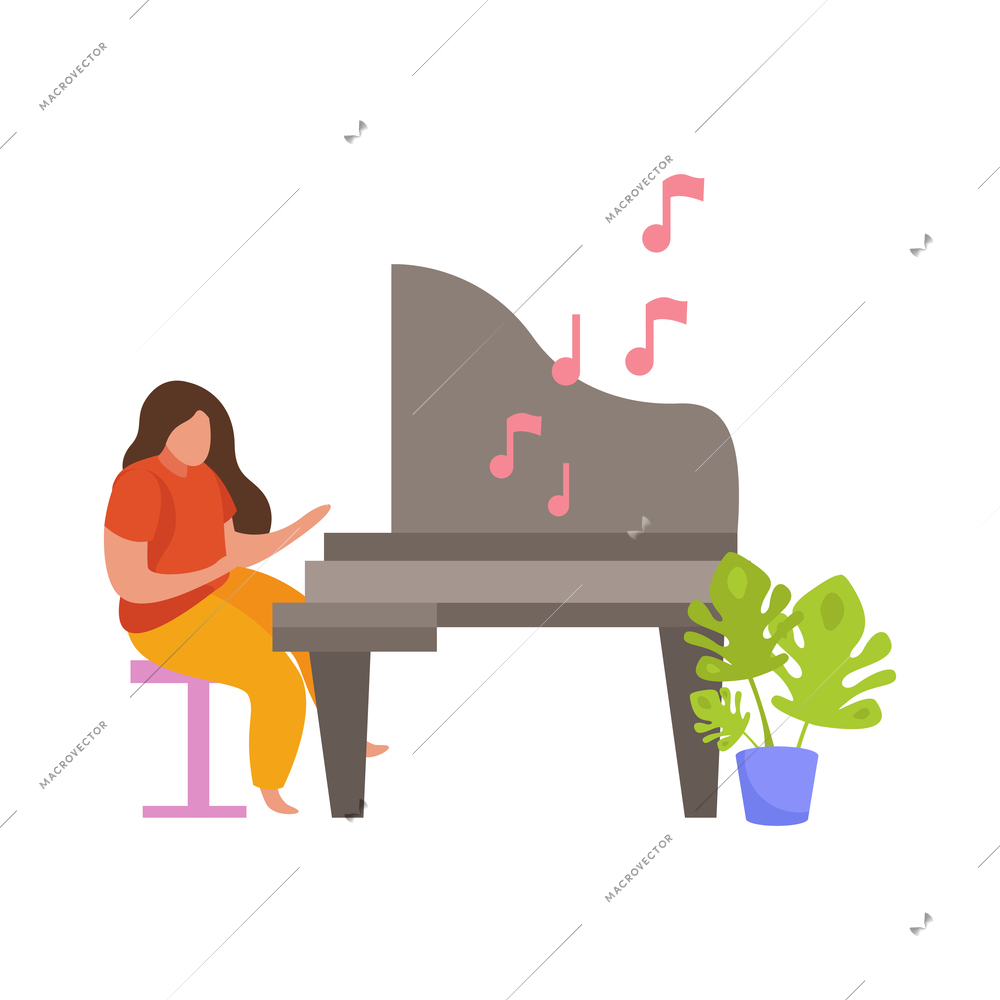 Hobby flat people composition with female character playing grand piano with music notes vector illustration