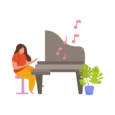 Hobby flat people composition with female character playing grand piano with music notes vector illustration