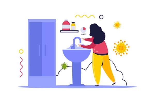 Hygiene protection flat composition with female character washing hands surrounded by virus bacteria vector illustration