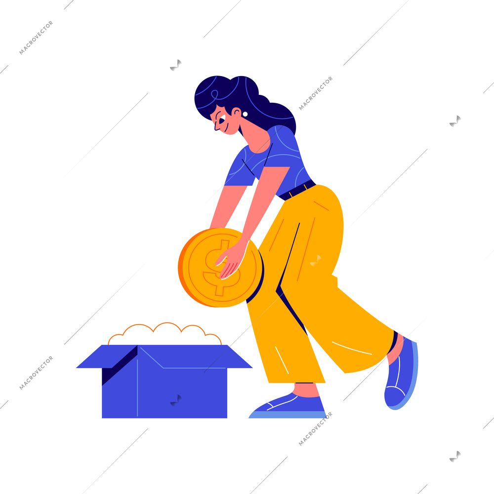 Crowdfunding composition with character of girl putting coin into carton box vector illustration