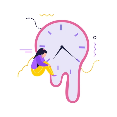 Low energy people composition with sitting woman and smearing wall clock vector illustration