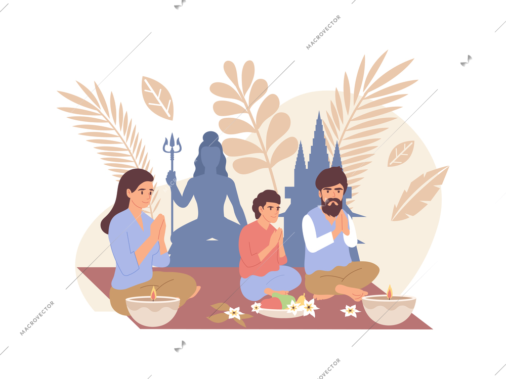 World religions flat composition with characters of buddhist family members praying vector illustration