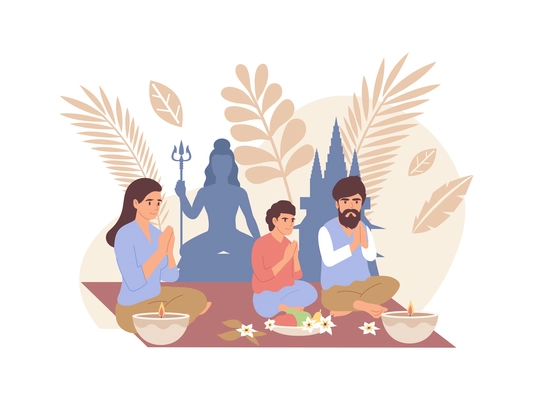 World religions flat composition with characters of buddhist family members praying vector illustration