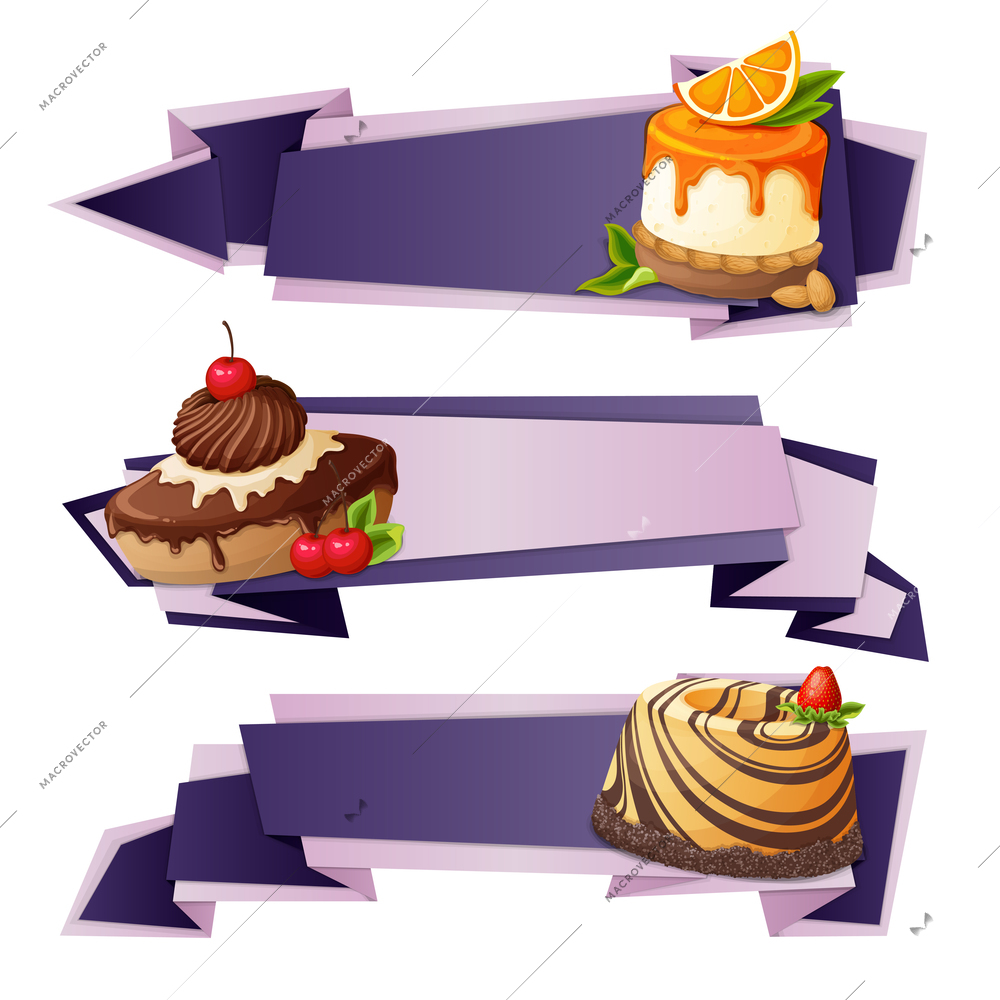 Decorative sweets food paper banners set with orange pudding chocolate cake dessert isolated vector illustration