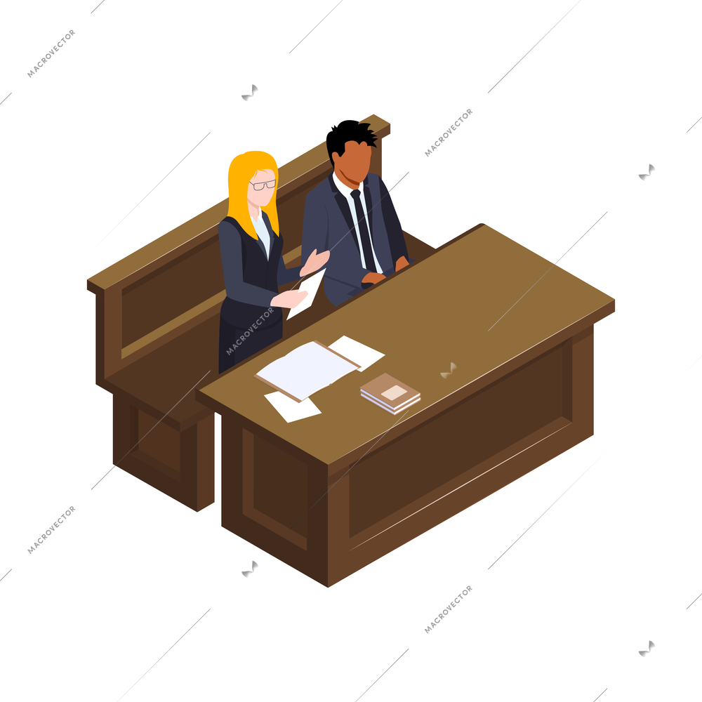 Isometric lawyer court justice law composition with speaking female attorney with sitting client vector illustration