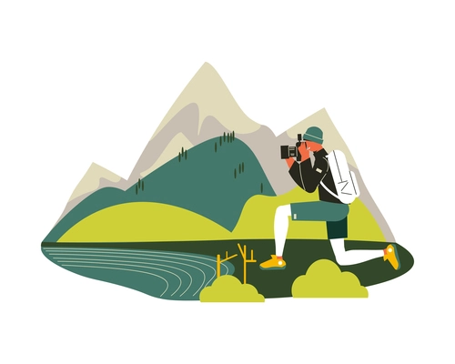 Hiking composition with mountain lake landscape and doodle male character shooting with photo camera vector illustration