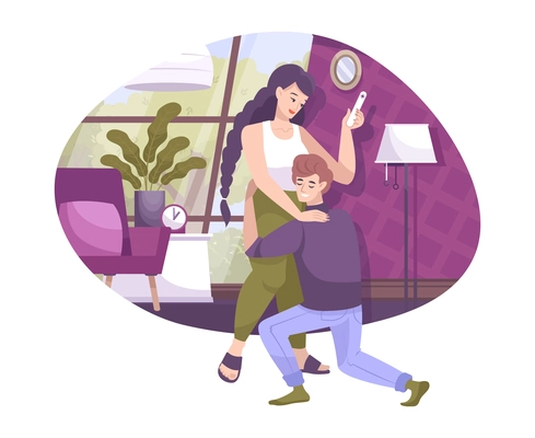 In vitro fertilization flat composition with home scenery and boy embracing girl holding positive test vector illustration