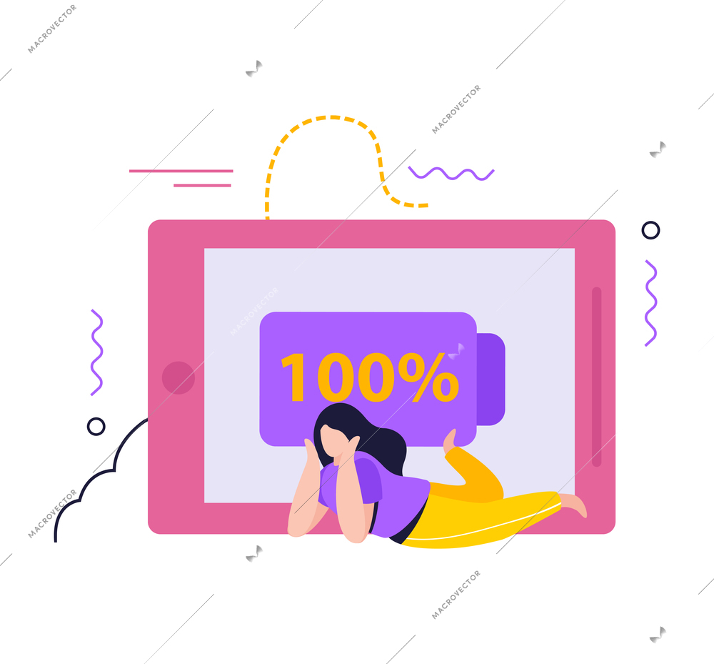 Low energy people composition with lying woman and tablet with fully charged battery vector illustration