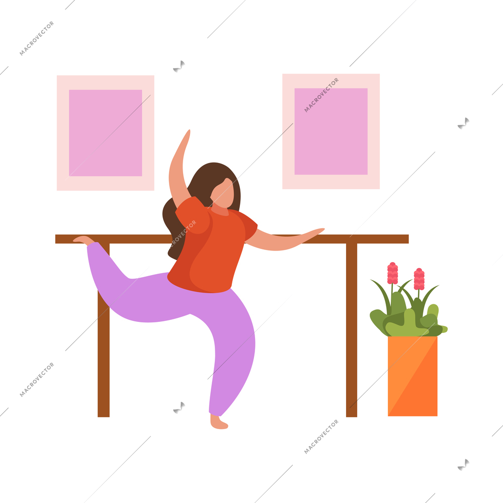 Hobby flat people composition with cozy interior and woman standing on single leg vector illustration