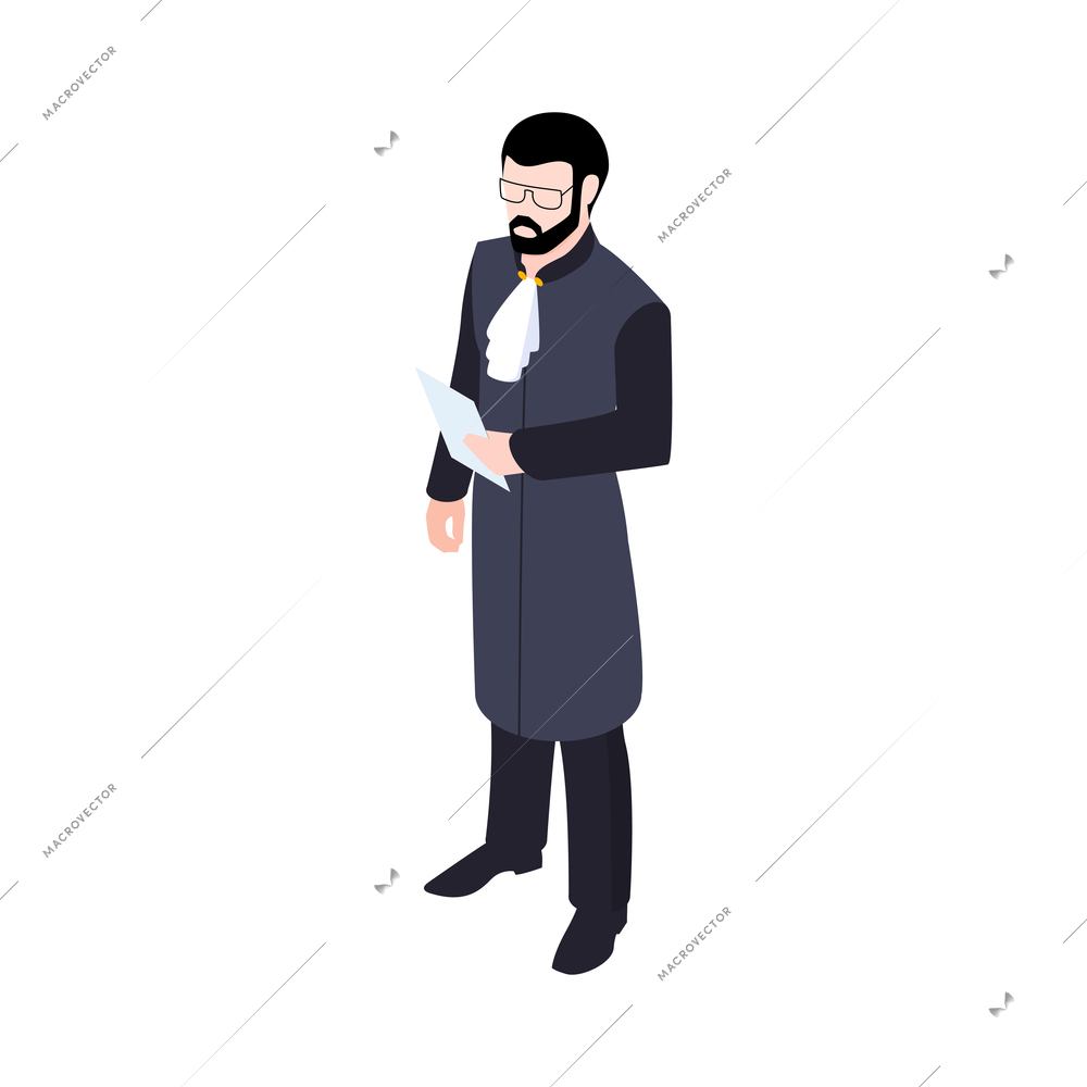 Isometric lawyer court justice law composition with male character of lawyer in classic suit vector illustration