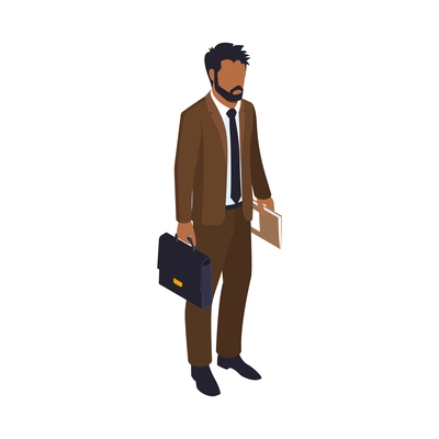 Isometric lawyer court justice law composition with male character of attorney with papers and suitcase vector illustration