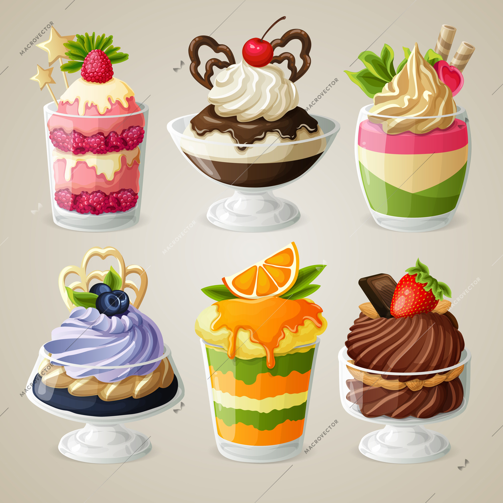 Decorative sweets ice cream and mousse in glass desserts with chocolate fruits and mint isolated vector illustration
