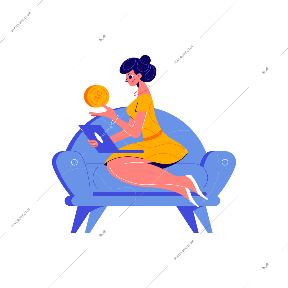 Crowdfunding composition with female character sitting on sofa with laptop holding coin vector illustration