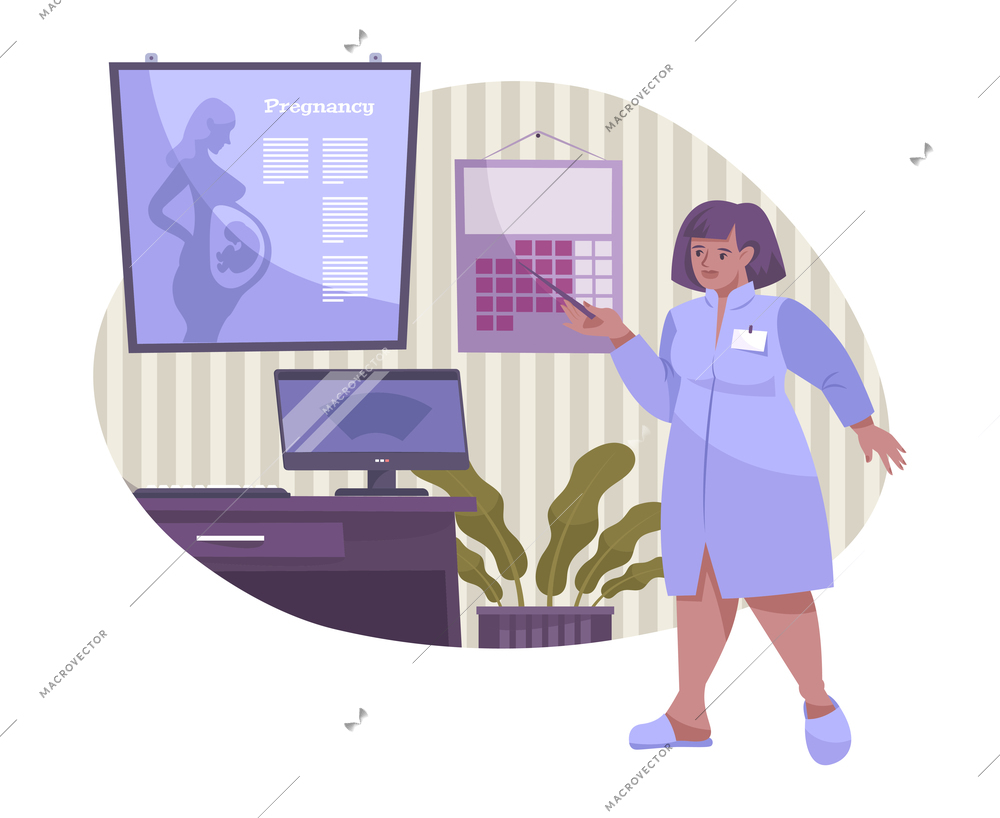 In vitro fertilization flat composition with character of female doctor pointing to information slide about pregnancy vector illustration