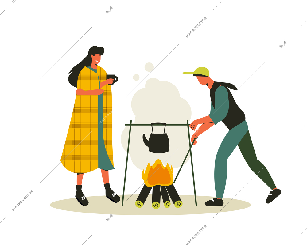 Hiking composition with view of bonfire with hanging teapot man and woman with cup of tea vector illustration