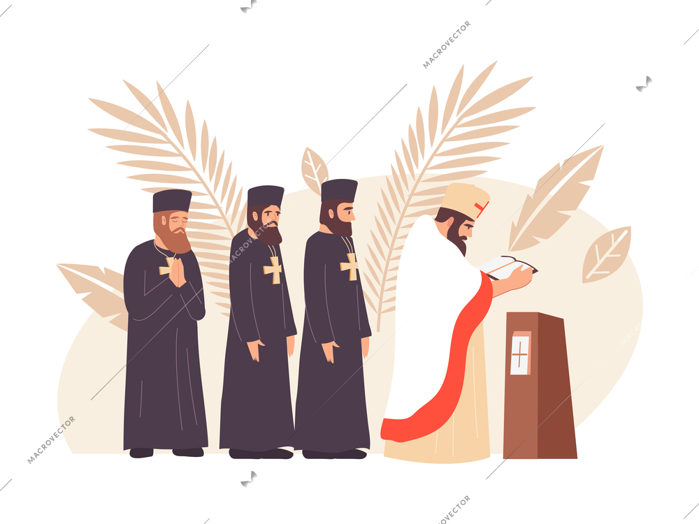 World religions flat composition with characters of christian members of church vector illustration