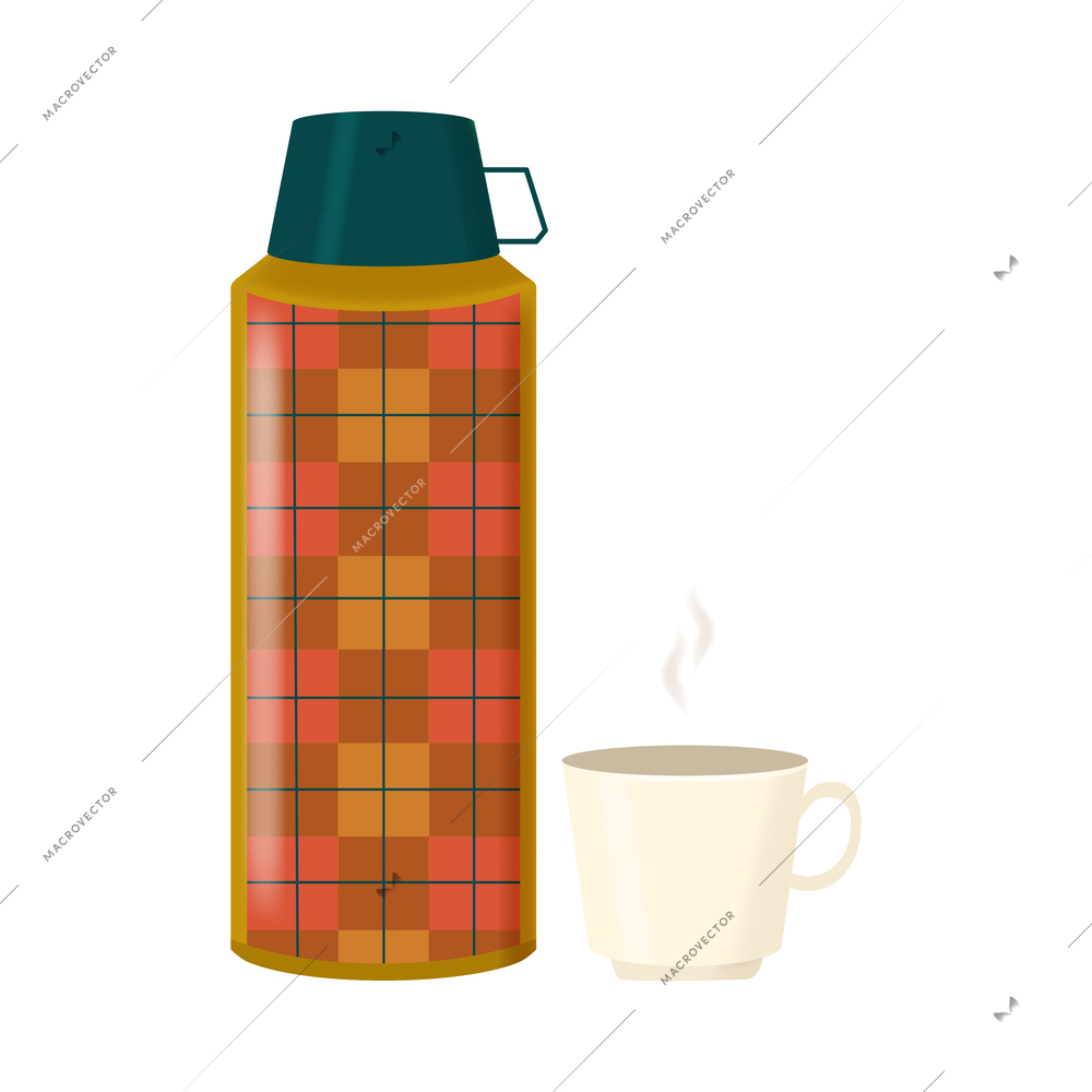 Cozy home composition with isolated image of vacuum thermos with cup vector illustration