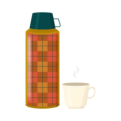 Cozy home composition with isolated image of vacuum thermos with cup vector illustration