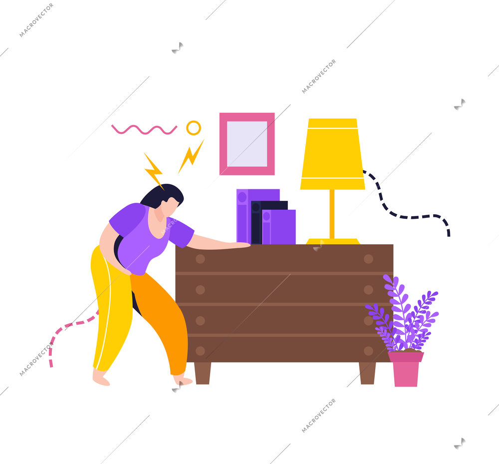 Low energy people composition with female character bolt symbols and interior elements vector illustration