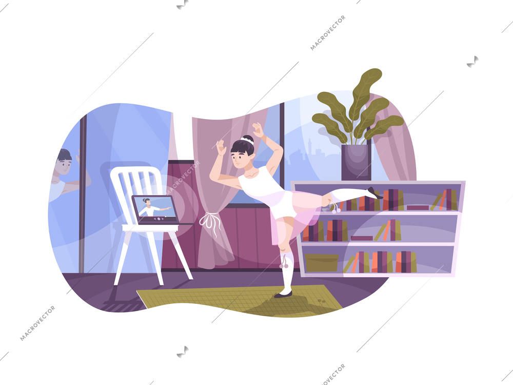 Hobby online flat composition with character of girl performing ballet dance at home watching video tutorial vector illustration