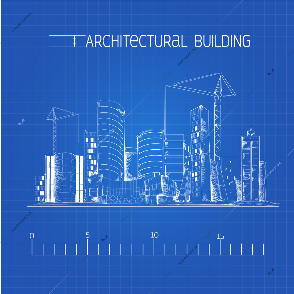 Modern residential urban business district buildings and industrial edifice cityscape architectural technical drawing blue print vector illustration