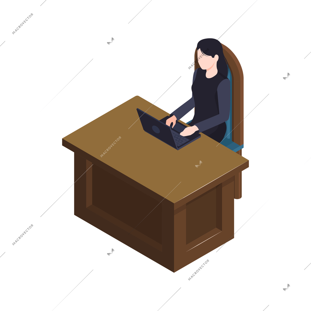 Isometric lawyer court justice law composition with female character of court reporter with laptop vector illustration