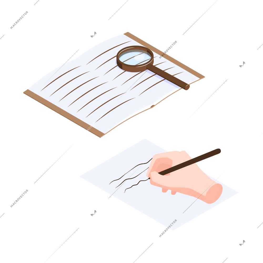 Isometric lawyer court justice law composition with human hand writing down with book and hand glass vector illustration