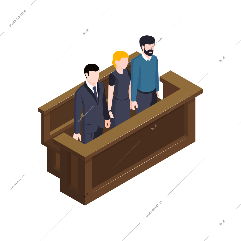 Isometric lawyer court justice law composition with three characters of standing court session participants vector illustration