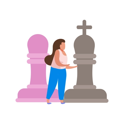 Hobby flat people composition with character of girl with tall chess pieces vector illustration