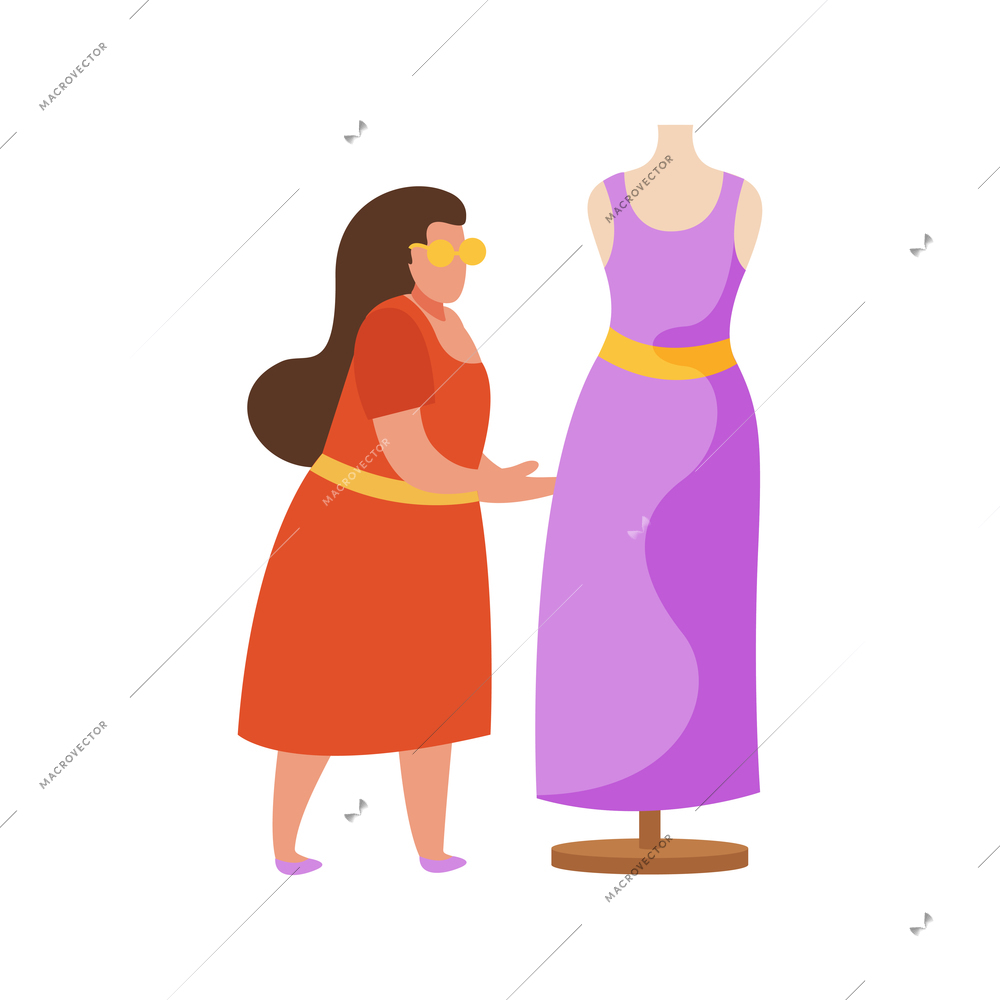 Hobby flat people composition with female character touching the mannequin with fashionable dress vector illustration