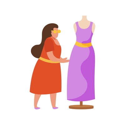 Hobby flat people composition with female character touching the mannequin with fashionable dress vector illustration