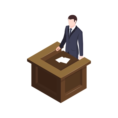 Isometric lawyer court justice law composition with man talking to court from tribune vector illustration