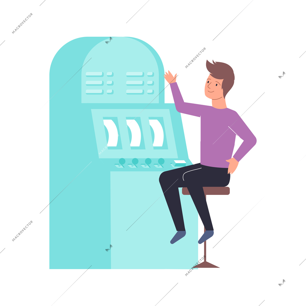 Addiction flat composition with male character sitting in front of slot machine vector illustration