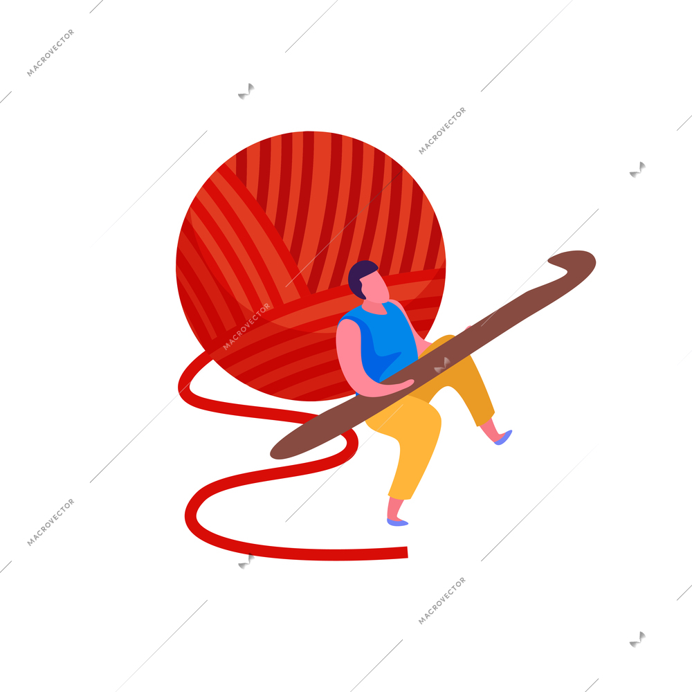 Knitting flat composition with male character holding knitting hook with red clew vector illustration