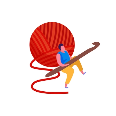 Knitting flat composition with male character holding knitting hook with red clew vector illustration