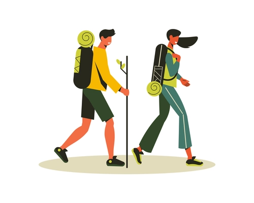 Hiking composition with doodle characters of man and woman into trip with backpacks vector illustration