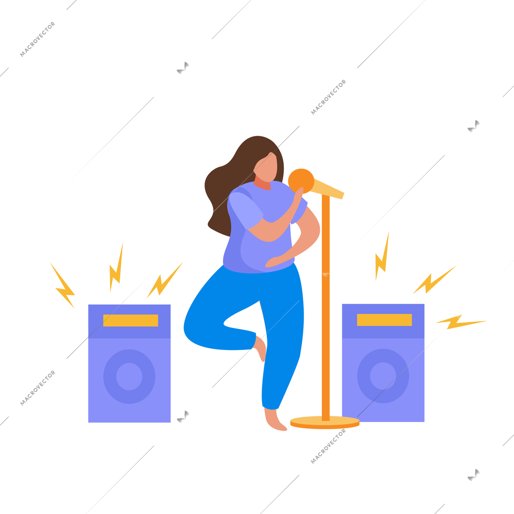 Hobby flat people composition with woman singing in microphone with pair of loudspeakers vector illustration