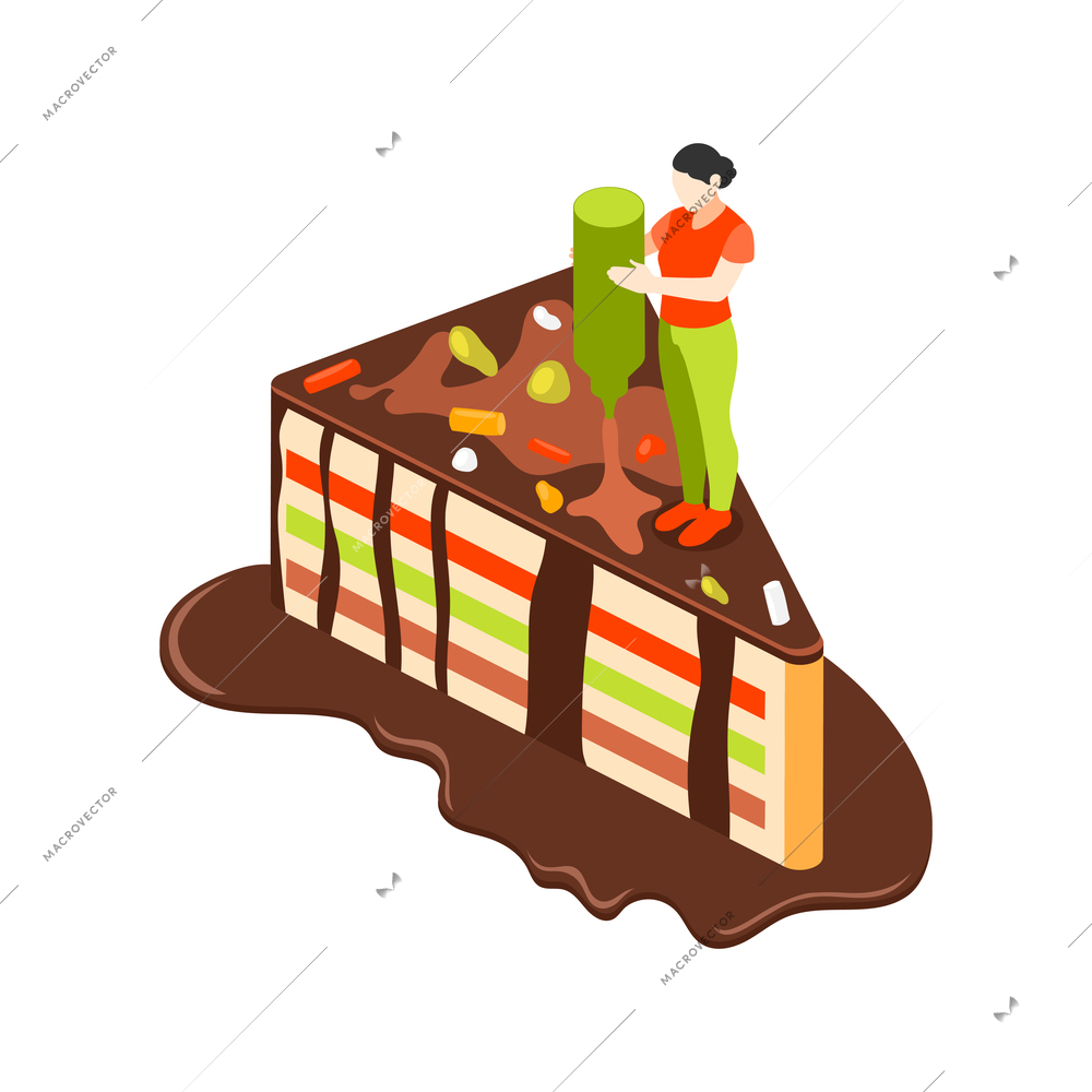 Bakery people isometric composition with slice of cake and woman pouring sauce on top vector illustration