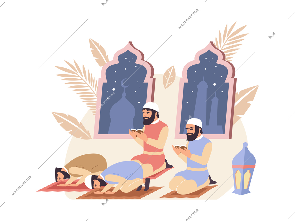 World religions flat composition with view of praying muslims with silhouettes of mosque in window vector illustration